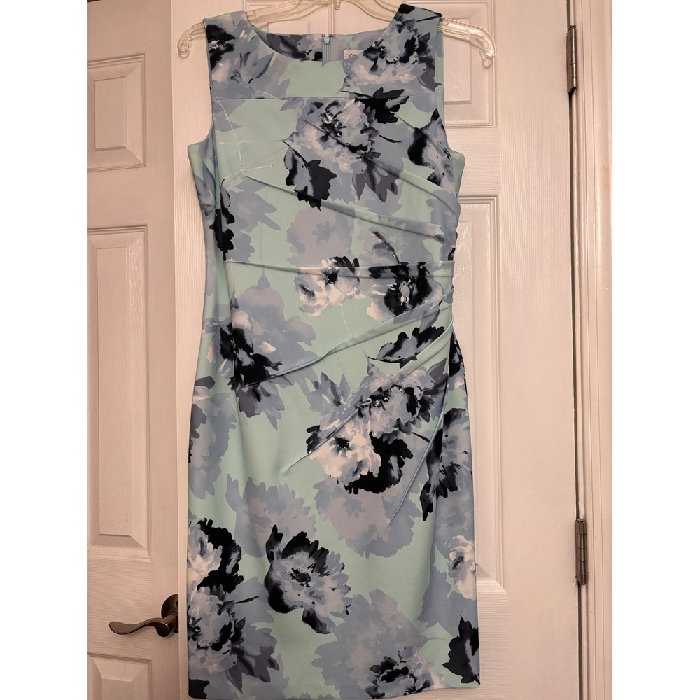 Calvin Klein Women Floral Ruched Sheath Dress Blue Mint Green Sleeveless Size 12